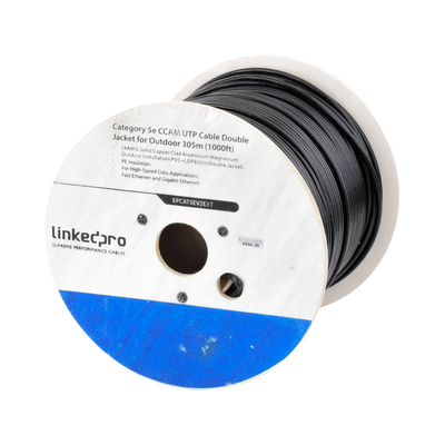 [EP-CAT-5E-V2-EXT] Bobina de Cable de 305 Metros (1000 Pies) Cat5e, Aleación de Cobre y Aluminio (CCA), Color Negro, Uso Intemperie, Doble Forro