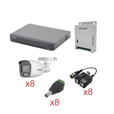 [KEVTX8T8BG/A] KIT TurboHD con Audio 1080p / DVR 8 Canales / 8 Cámaras Bala (exterior 2.8 mm) / Transceptores / Conectores / Fuente de Poder / AUDIO POR COAXITRON