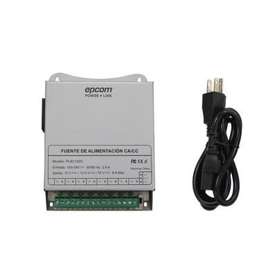 [PL-8C-15DC] Fuente de Poder Metálica / Para 8 Cámaras / Ajustables a 12 o 13.5 o 15 Vcc / 8 Amperes / Instalación en Pared.
