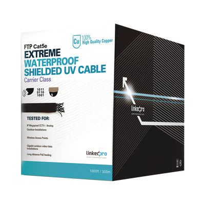 [PRO-CAT5-EXT-LITE] Cable UTP Categoría 5e para Exterior / 24AWG 4 Pares / Conductor Cobre Desnudo / Cubierta LDPE Negra Resistente a Rayos UV / Relleno Anti-Humedad PE Tap Compound / Soporte PoE IEEE 802.3at y Gigabit Ethernet / 1000 ft (304.8 m)