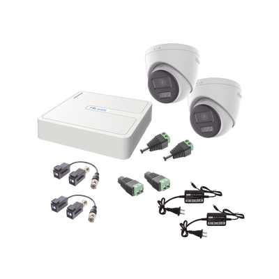 [HL-1080P-2E-TWA] Kit HiLook Audio Bidireccional TurboHD 1080p / DVR 4 Canales / 2 Cámaras Turret (Exterior) con Bocina y Microfóno Integrado / 2 Fuentes de Poder / Accesorios