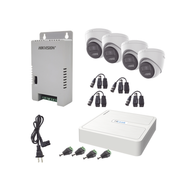 [HL-1080P-4E-TWA] Kit HiLook Audio Bidireccional TurboHD 1080p / DVR 4 Canales / 4 Cámaras Eyeball (Exterior) con Bocina y Microfóno Integrado / 1 Fuente de Poder / Accesorios