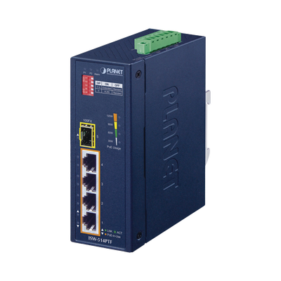 [ISW-514PTF] Switch industrial, Temperatura de Operación: -40 a 75ºC, 4 puertos PoE 10/100 + 1 Puerto 100Base-FX
