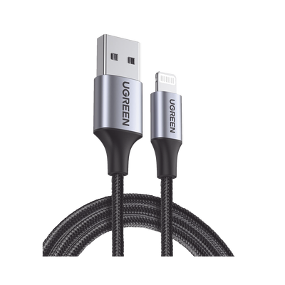 [60156] Cable USB-A a Lightning | 1 Metro (3.28 Pies) | Certificado MFi | Carga Rápida 5V/2.4 A | 480 Mbps | Conector C94 | Adecuado para iPhone, iPad y iPod | Protección Integrada | Caja de Aluminio | Nylon Trenzado | Color Negro