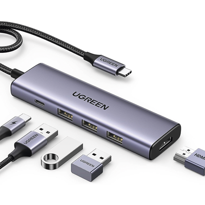 [15596] HUB USB-C (Docking Station) 5 en 1 | HDMI 2.0 4K@30Hz | 3 USB-A 3.0 (5Gbps) | USB-C PD Carga 100W | Potente Disipación de Calor | Chip de Ultima Generación | Cable de Nylon Trenzado de 25 cm | Carcasa de Aluminio.