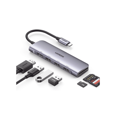 [20956A] HUB USB-C (Docking Station) 6 en 1 | HDMI 4K@30Hz | 3 Puertos USB 3.0 | Lector Tarjeta SD + Micro SD (TF) Uso Simultáneo | Chip de Última Generación | Potente Disipación de Calor | Caja de Aluminio.