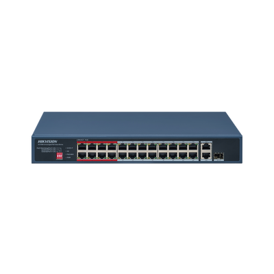 [DS-3E0326P-E/M(C)] Switch PoE+ / No Administrable / 24 Puertos 10/100 Mbps PoE+ / 2 Puertos 1000 Mbps Uplink / 1 Puerto SFP Uplink / Modo Extendido hasta 300 Metros / 230 W