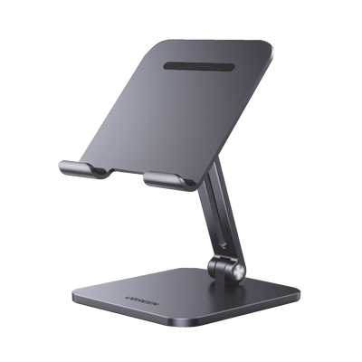 [40393] Soporte de Aluminio para IPad & Tablet | Plegable |Angulo Ajustable de 180° y 270° | Base Antideslizante | Protección de Silicona | Amplia Compatibilidad con dispositivos de 7.9 a 12.9 | Aluminio Solido | Color Gris