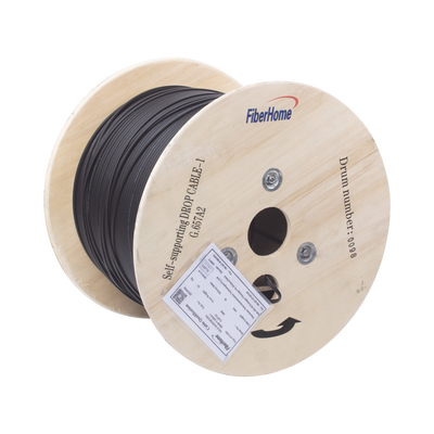 Carrete de 1 km de Fibra Óptica Aérea Mini Figura 8 G.657A2 Tipo Drop, Monomodo de 1 Hilo (Unifibra), Color Negro, Span 80