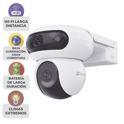 Kit Incluye Cámara Wi-Fi 6 + 4G LTE con Panel Solar / Doble Lente (4MP+4MP) / Visión Nocturna ColorFULL / Batería 10,400 mAh / / IP65 Exterior / IA Detección Humana y Vehicular / Audio Bidireccional