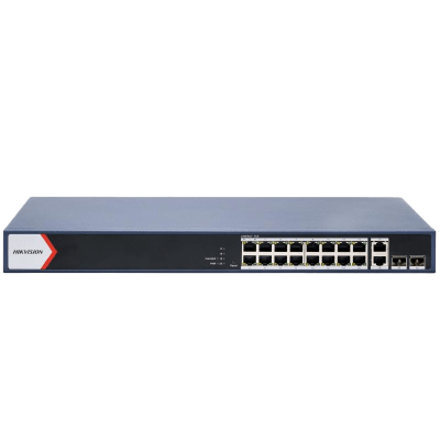 Switch PoE+ / Administrable / 16 puertos 1000 Mbps PoE+ / 2 Puertos 1000 Mbps Uplink / 2 Puertos SFP de Uplink / Configuración Nube Hik-Partner Pro / Modo Extendido hasta 300 metros / 230 W