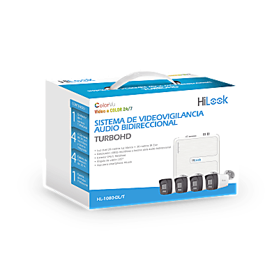 Kit TurboHD 1080p / DVR 4 canales / 4 Cámaras Bala de Metal / Audio Bidireccional / Dual Light (IR + Luz Blanca) / H.265+ / 1 Fuente de Poder Profesional / Accesorios de Instalación