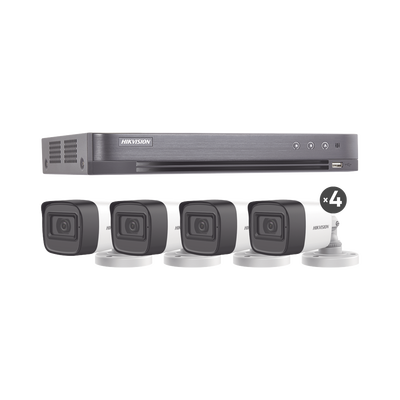 [HIK5MPSLQ-KIT(B)] (MICRÓFONO INTEGRADO) KIT TURBOHD 5 Megapixel / DVR 4 Canales / 4 Cámaras Bala con Micrófono Integrado (exterior 2.8 mm) / Fuente de Poder / Accesorios de Instalación