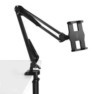 Soporte para Tableta con Brazo tipo Perezoso / Brazo Ajustable y Cabezal de 360° / 3 Perillas de Ajuste / Soporta dispositivos de 4 a 12.9 de hasta 1.5 KG / ABS + Metal de Alta Calidad.