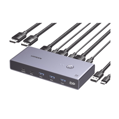 Conmutador KVM DisplayPort 8K | DP 1.4 | 2 Entradas 1 Salida | 4 Puertos USB 3.0 (3 USBA *1 USBC) | Soporta 8K@60Hz | HDR | Control de Escritorio | Carcasa de Aluminio | Indicador Led | Compatible Win, MacOs y Linux.