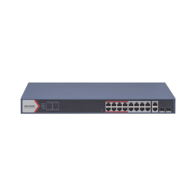 [DS-3E1318P-EI(B)] Switch PoE+ / Monitoreable / 16 puertos 10/100 Mbps PoE+ / 2 Puertos 1000 Mbps Uplink / 2 Puertos SFP de Uplink / Configuración Nube Hik-Partner Pro / Modo Extendido hasta 300 metros / 230 W