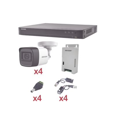 [KH1080P4BW] KIT TurboHD 1080p / DVR 4 Canales / 4 Cámaras Bala (exterior 2.8 mm) / Transceptores / Conectores / Fuente de Poder Profesional