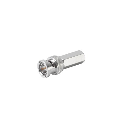 [RFB-1705] Conector BNC Macho de Ensamble Roscable (Hex.) en Sentido de las Manecillas de Reloj para Cable Coaxial RG-59/U, Níquel/ Oro/ Delrin.