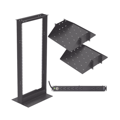 Kit de Rack Estándar 19, 24 UR con 2 Charolas y PDU (8 tomas). Ideal para UPS y Servidores tipo Torre.