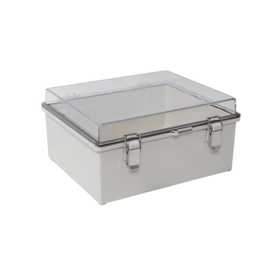 [PST-1929-14ET] Gabinete Plástico ABS, Puerta Transparente, Uso en Intemperie IP66 (190 x 290 x 140 mm) cierre por Broche Inoxidable y Permite Cerrado con Candado y Llave (Perno 5mm) No Incluido