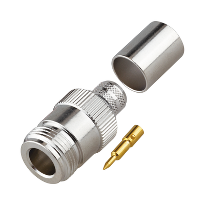 [RP-1028-I] Conector N Hembra Inverso de Anillo Plegable para Cables 9913, RG-8/U, LMR-400, Grupo I, Níquel/ Oro/ Teflón.
