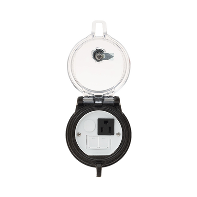 Dispositivo Circular de Puertos de Acceso a Datos, Con Dos Espacios Para Módulos Mini-Com y Un Receptáculo NEMA 5-15R, Protección IP66, de 3 de Diámetro