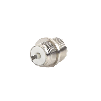 [RFU-523] Conector UHF Hembra (SO-239) en Línea, Montaje Frontal en D Plano, Níquel/ Plata/ Baquelita.