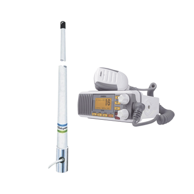 [UM385/5101] Kit de radio móvil VHF marino modelo UM-385 color blanco y antena marina Shakespeare de fibra de vidrio 5101