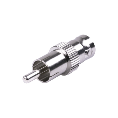 [RFB-1140] Adaptador de BNC Hembra a RCA Macho en 50 Ohm para Fono, uso en Aplicaciones de Audio-Video, Níquel/ Plata/ Delrin.