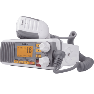 [UM-385] Radio Móvil Marino VHF / 25W / IPX4 / DSC Clase D con GPS / Pantalla LCD / Blanco