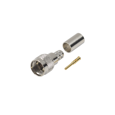 [RFU-600-1X] Conector Mini-UHF Macho, 50 Ohm de Anillo Plegable para LMR-240, RG-8/X, 9258, Niquel/ Oro/ Delrin.