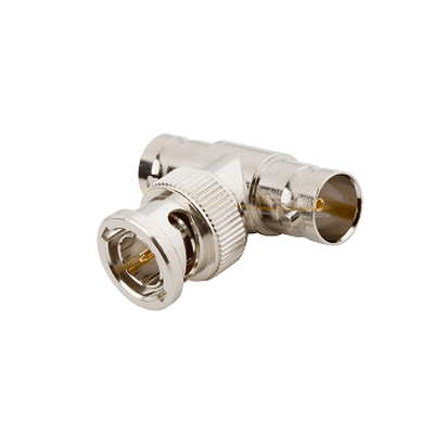 [RFB-1130-1] Adaptador en T para 50 Ohm de BNC Macho a Doble BNC Hembra, Troquelado, Níquel/ Oro/ Delrin.