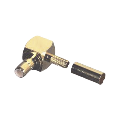 Conector SMB Hembra (Jack) en Ángulo Recto, (Pin Macho), Anillo Plegable para RG-174/U, Oro/ Oro/ Teflón.