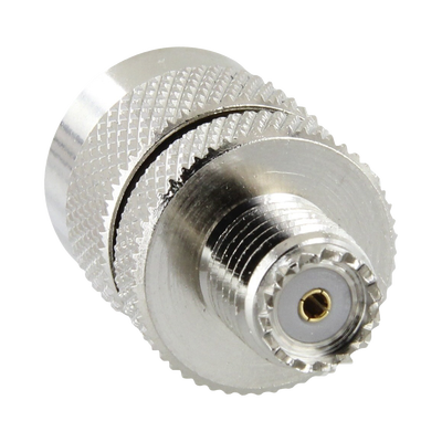 Adaptador en Línea de Conector Mini UHF Hembra a UHF Macho (PL-259), Níquel/ Oro/ Teflón.