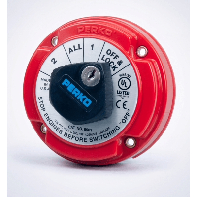 Switch Selector de Batería Marina PERKO 8502 con Llave / 250A Continuos 360A Intermitentes / 6-32 VCC / Selector 1-2-Both-Off / Bloqueo con Llave / Encendido Protegido