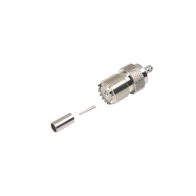 [RFU-527] Conector UHF Hembra (SO-239) en Línea, de Anillo Plegable para Cable RG-58/U, RG-142/U, Níquel/ Plata/ Delrin.