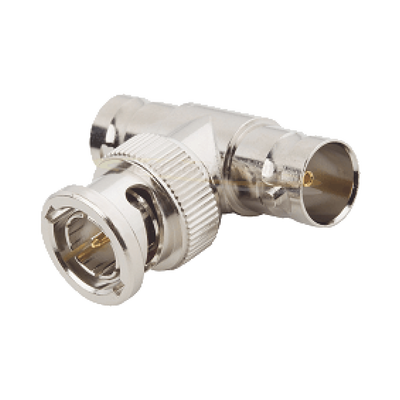 [RFB-1130] Adaptador en T para 50 Ohm de BNC Macho a Doble BNC Hembra, Maquinado, Níquel/ Oro/ Teflón.