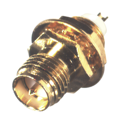Conector SMA Hembra Inverso de Montaje Frontal en Panel, D-Plano, Soldable, Oro/ Oro/ Teflón.