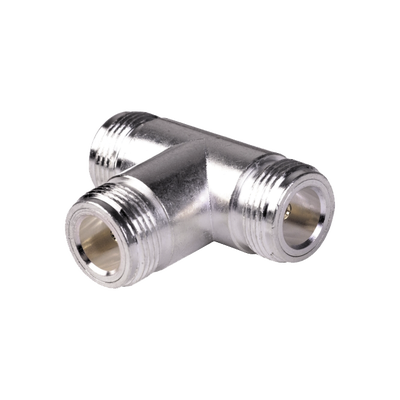 [RFN-1011-1] Adaptador en T, Triple Conectores N Hembra, Plata/ Oro/ Teflón.