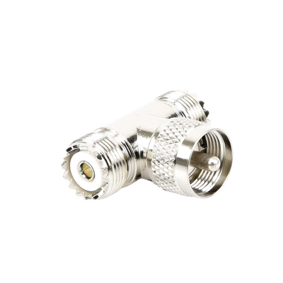 [RFU-533] Adaptador en forma T, de Conector UHF Macho (PL-259) a Doble UHF Hembra (SO-239), Níquel/ Plata/ Delrin.