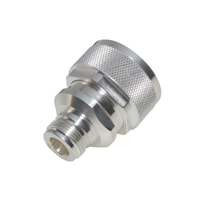[RFD-1671-2] Adaptador en Línea de Conector DIN 7-16 Macho a N Hembra, Plata/ Plata/ Teflón.