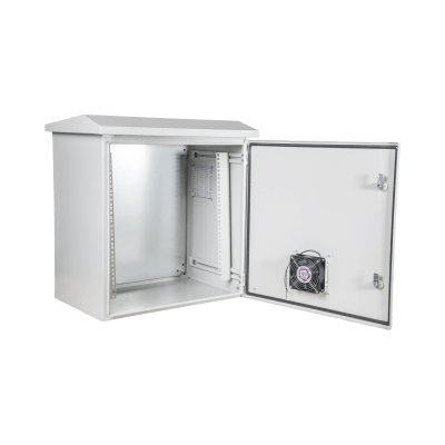 Kit Gabinete Ventilado de Acero, Montaje Rack 19 11U, IP55 Uso en Exterior (593 x 609 x 399 mm) con Placa Trasera Interior Metálica y Compuerta Inferior Atornillable. Incluye Ventilador, Ventilas, filtros, Terminal de Tierra Física, Ch