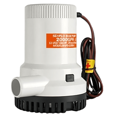 Bomba de Achique Sumergible SEAFLO SFBP1-G2000-01 / 2,000 GPH (7,571 LPH) / 12V CD / Eje de Acero Inoxidable / Operación en Seco / Protección Anti-Aire / Sellos Herméticos / Cableado Marino / CE, RoHS, ISO 8849