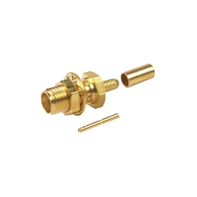 [RSA-3252-1B] Conector SMA Hembra para Chasis en D Plano, Anillo Plegable para cable RG-174/U, Oro/ Oro/ Teflón.