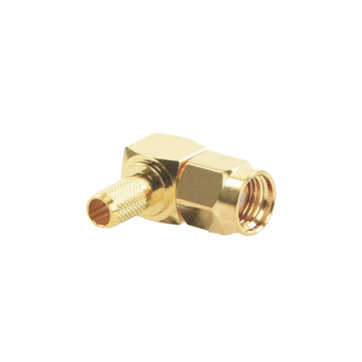 [RP-3010-1C1] Conector SMA Macho Inverso en Ángulo Recto de Anillo Plegable para Cables RG-58/U, RG-142/U, Oro/ Oro/ Teflón.