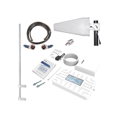 [EP-5G-PBT-PLUS] Kit PLUS de Amplificador de Señal Celular 5G / Penta Banda / Soporta 2G, 3G, 4G y 5G / Compatible con TELCEL, AT&T, MOVISTAR y OMV / Cobertura hasta 250 m2 / Incluye Antenas, Jumpers coaxiales y mástil.