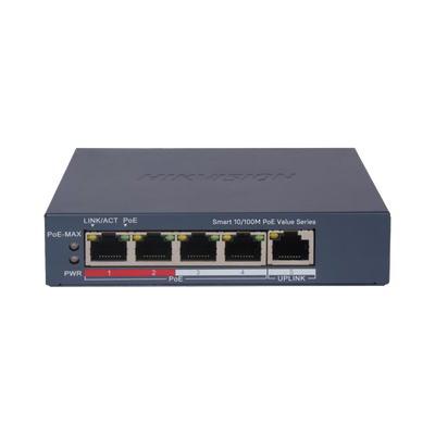 [DS-3E1105P-EI/M] Switch PoE+ / Monitoreable / 4 Puertos 10/100 Mbps PoE+ / 1 Puerto 10/100 Mbps Uplink / Configuración Nube Hik-PartnerPro / Modo Extendido hasta 300 Metros / 45 W