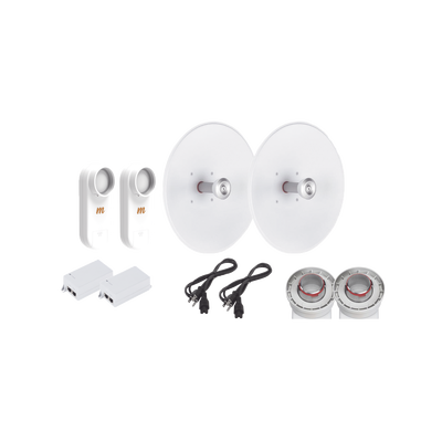 Enlace completo de 2 radios C5X con antenas UD-TP-27 (27 dBi), rango de frecuencia extendida (5.1 a 6.4 GHz), incluye inyector POE y cable de alimentación y adaptador para la antena