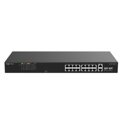 [RG-ES118FGS-LP] Switch PoE+ no Administrable, Hasta 120 Watts, Ideal para CCTV, 16 Puertos PoE +10/100, 2 Uplinks Gigabit y 2 SFP COMBO