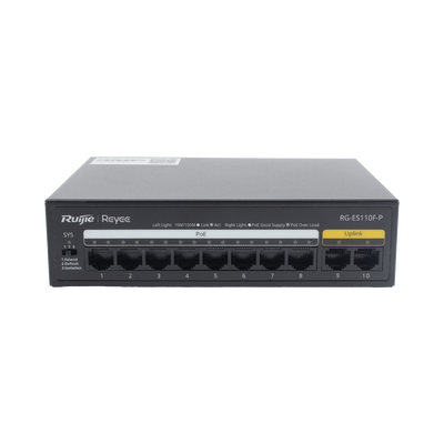 [RG-ES110F-P] Switch PoE+ no Administrable, Hasta 110 Watts, 8 puertos PoE+ y 2 Uplinks 10/100